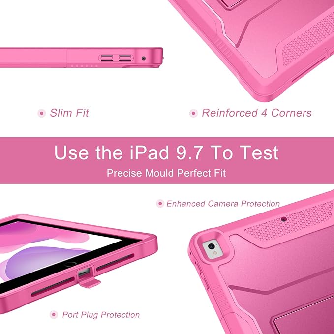 Soke Case for iPad 6th/5th Generation 9.7 Inch 2018/2017,with Built-in Screen Protector and Kickstand, Rugged Full-Body Heavy Duty Protective Cover for Apple iPad Air 2 /Pro 9.7 - Hot Pink