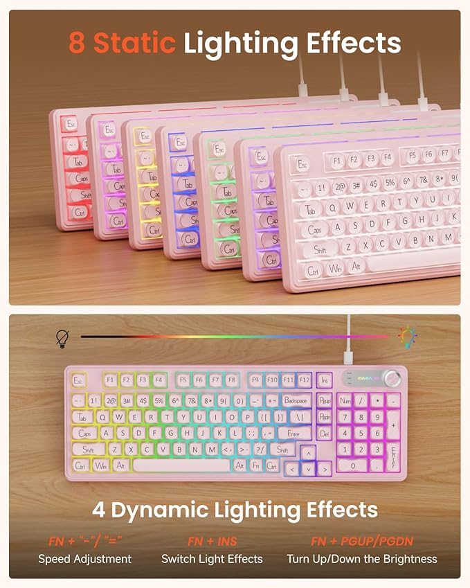 EWEADN V102 Wired Keyboard, 98 Keys Creamy Gaming Keyboard with Number Pad, Display Screen & Media Knob RGB Silent Wired Cute Computer Keyboard for Laptop PC Gamer - Pink