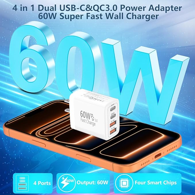 USB C Charger Block, LANWK 2Pack 60W 4Port USB C Wall Chargers Dynamic Power Adapter Dual PD&QC Type C Fast Charging Brick USB-A Charger for iPhone 17 17 Pro Max 16 15 14 13 12 11/Galaxy S26/S25/Pixel