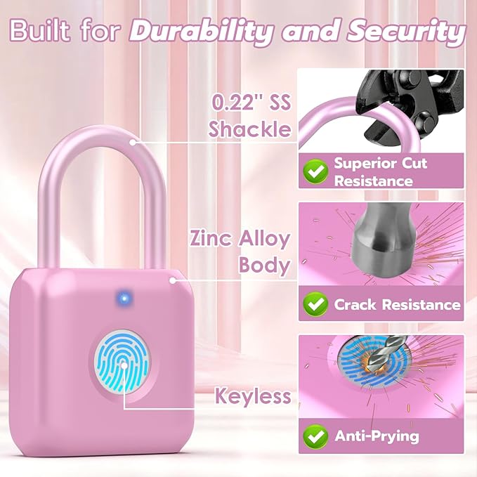Fingerprint Padlock,Smart Padlock APP Control,Fingerprint Locker Lock,Gym Lock USB Rechargeable for Gym Locker,Locker, School,Storage Pink