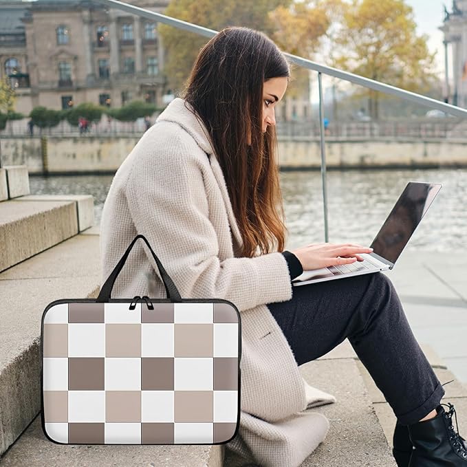 Laptop Sleeve Case Bag 13 inch, Brown Checkered Slim Carrying Case Handbag Travel Laptop Bag for 13 inch MacBook Air M3/M2/Pro M2/ 13" iPad Pro/Air M4/M2 2024