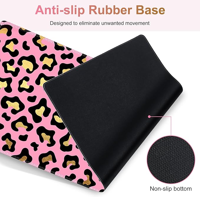 Large Gaming Mouse Pad Set, 4 in 1 Extended Keyboard Desk Mat with Wrist Rest, PC Computer Game Mousepad Set, Non-Slip Desk Pad Easy Typing Pain Relief for Home Office I Pink Leopard Print