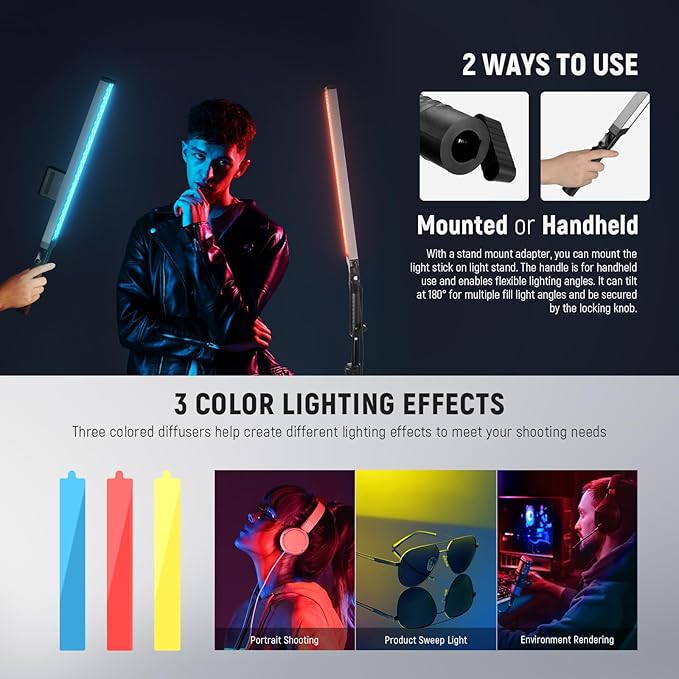 NEEWER Upgraded LED Video Light Stick & 2.4G Remote Kit, 2 Pack Handheld Dimmable 3200K~5600K CRI97+ Video Lighting with Stands/Filters/Bag for YouTube Video Recording Photography Gaming, BH20B Black