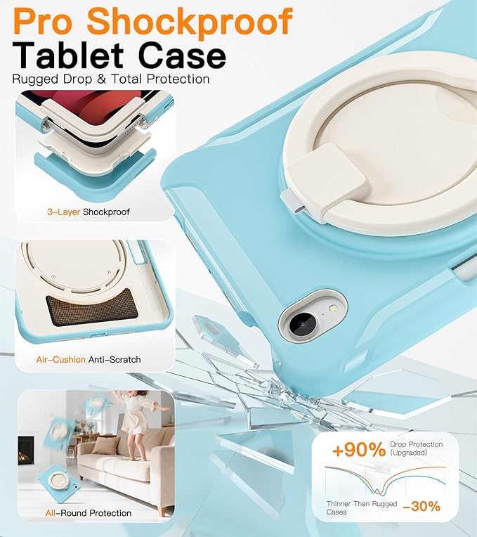 BATYUE Shockproof Case for iPad mini 7 (A17 Pro)/ Mini 6 8.3 inch (2024/2021) - 360° Multi-Angle Stand (Portrait & Landscape) & Grip, Built-in Pencil Holder, Frozen Blue
