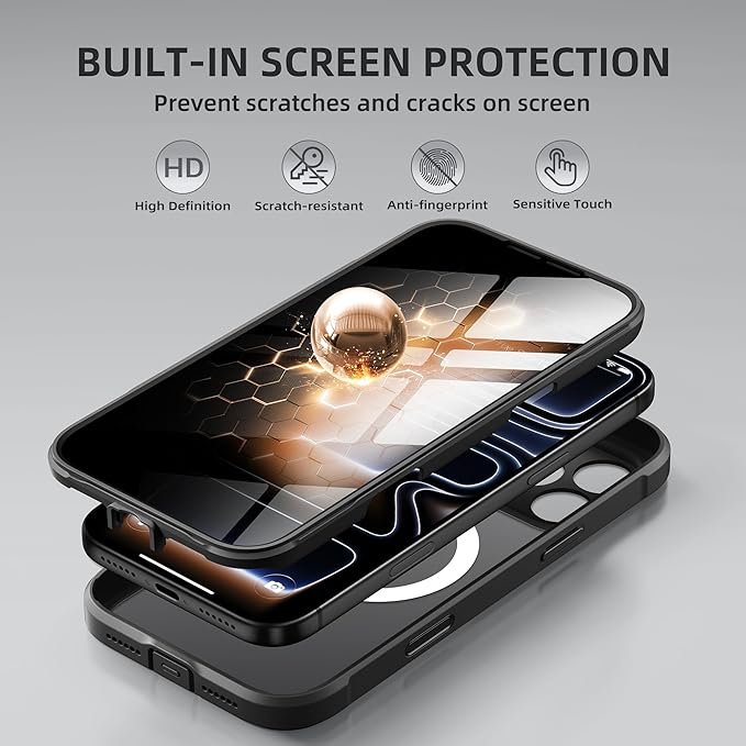 BERFY for iPhone 17 Pro Case, Compatible with MagSafe, Built-in Privacy Screen Protector, Camera Protection, Shockproof Full Body Phone Case 6.3", Translucent Black