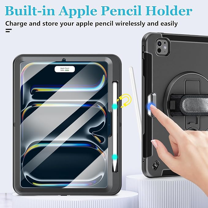 Case for iPad Pro 13 Inch M5 2025/ M4 2024: Military Grade Cover for iPad Pro 13" with Screen Protector - Stand - Handle - Shoulder Strap - Pencil Holder- Black