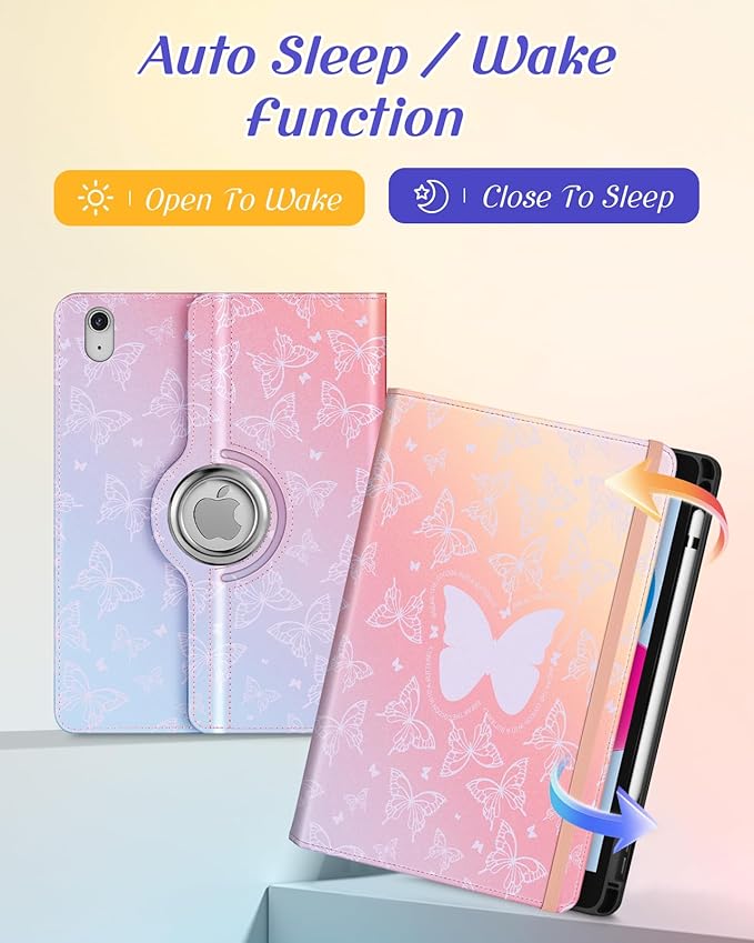 Kidcube for iPad 10th Generation Case 2022, for iPad (A16) Case 11th Generation 2025 - Women Girls Cute Rotating Stand Folio Cover with Pencil Holder & Card Slot Girly Kawaii Butterfly Design Cases