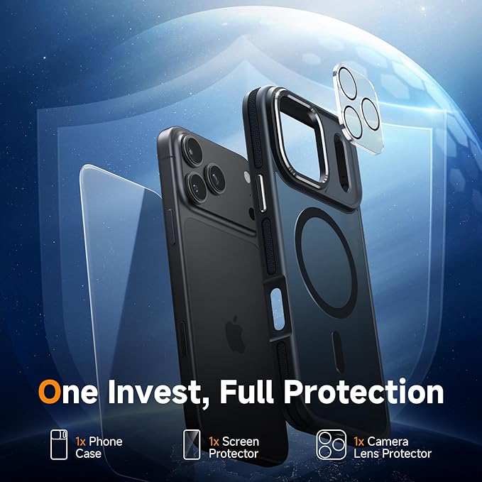 Magnetic 3 in 1 for iPhone 17 Pro Max Case, [Omni-Directional Protection] with 1x Screen Protector + 1x Camera Cover, [Seamless Work with Magsafe] Protective Silm Case for iPhone 17 Pro Max Black