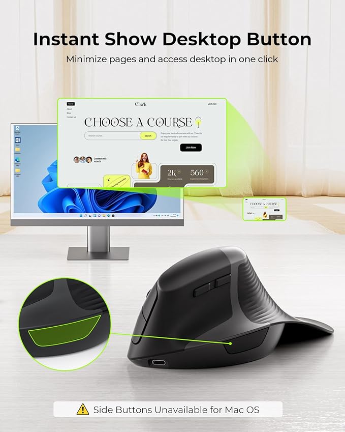Seenda MOE302 Vertical Ergonomic Mouse with Palm Rest, Rechargeable Wireless Mouse for Wrist Pain Relief, One-Click Desktop Shortcut, Silent Click, 4 DPI, USB & Type-C Receiver, for Laptop & PC(Black)