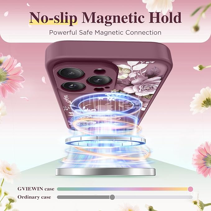GVIEWIN for iPhone 15 Pro Case Compatible with MagSafe, [Military Grade Protection] [Screen Protector] Full Camera Protection Floral Translucent Women Magnetic Phone Case, Cherry Blossoms/Burgundy