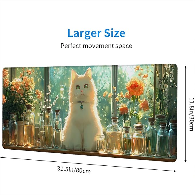 Cute Kawaii White Cat Desk Mat Green Plant Leaves Anime Extended Gaming Mouse Pad Mat with Stitched Edge Non-Slip Base Big Mouse Pad 31.5"x11.8" Office Computer Keyboard Laptop Home