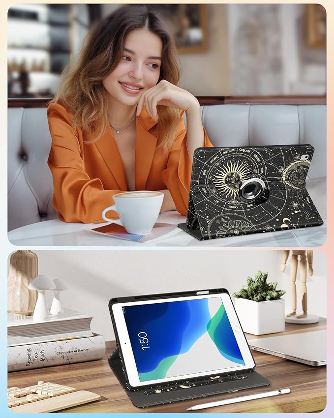 Kidcube for iPad Air 3rd Generation Case/Pro 10.5 Inch Case - Women Girls Cute Rotating Stand Folio Cover with Pencil Holder & Card Slot Girly Sun Moon Stars Design Cover for iPad Pro 10.5''/Air 3rd