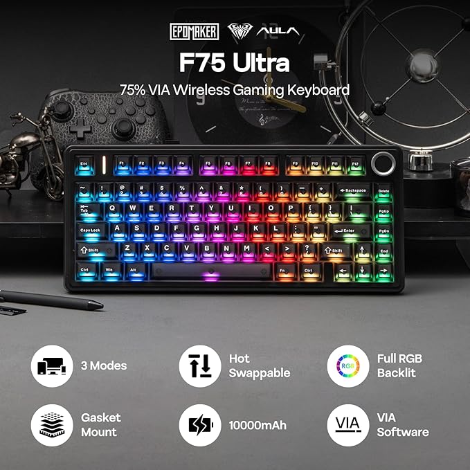 EPOMAKER x Aula F75 Ultra Wireless Gaming Keyboard with Knob, 10000mAh, Hot Swap, RGB, PBT Keycap, Creamy Sound, VIA, 75% Mechanical Keyboard for Win/Mac (Black, Reaper)