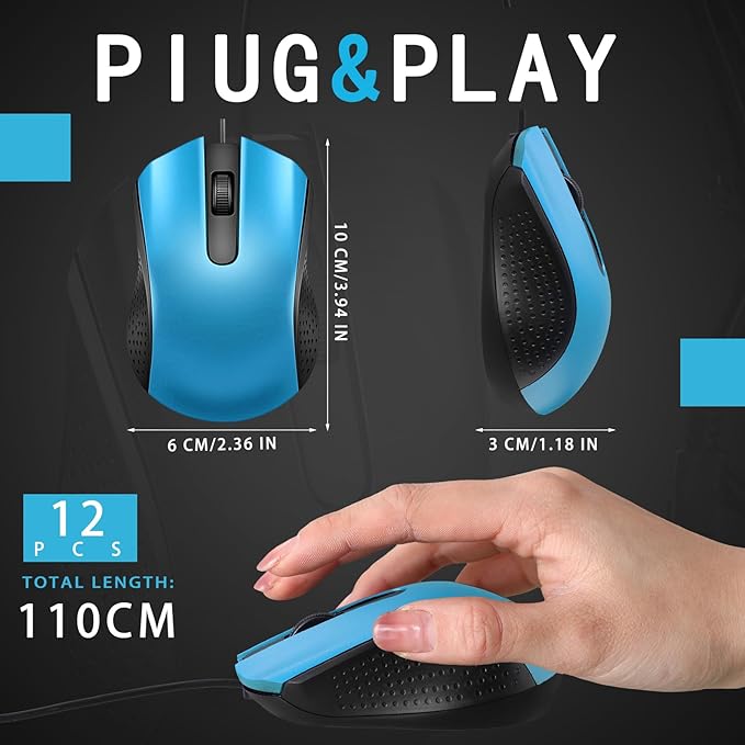 Hoteam 12 Pcs Light Blue Wired Computer Mouse Bulk Cord USB Computer Mice Ergonomic Wired Mouse for Pcs, Computers, Laptops, Gaming Office Home Supplies