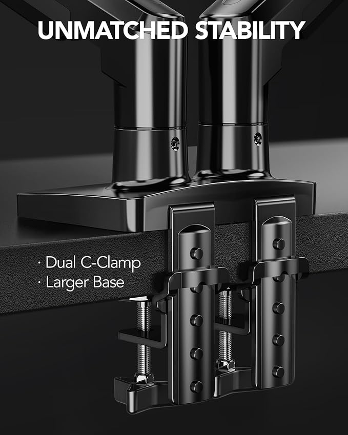 HUANUO Dual Monitor Stand, Fully Adjustable Gaming Monitor Desk Mount for 13–27″ Computer Screens, Full Motion VESA 75x75/100x100 with C-Clamp & Grommet Base, Each Arm Holds 4.4 to 19.8 lbs