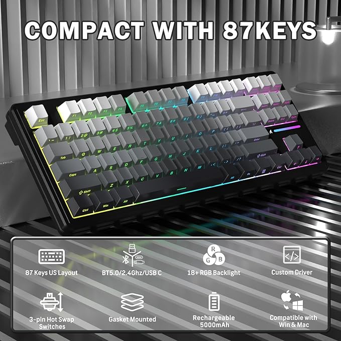 FELICON Attack Shark M87 PRO Wireless Mechanical Gaming Keyboard – 87-Key Tri-Mode (Bluetooth 5.0/2.4Ghz/USB-C), Hot-Swappable Linear Switch, RGB Backlit, 5000mAh Battery – Gray