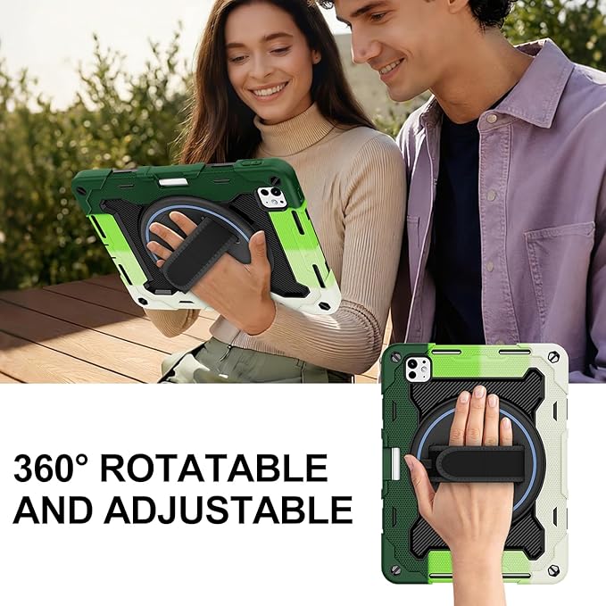 iPad Pro 11 Inch Case M5 2025/M4 2024, Heavy Duty Shockproof Protective Case with Screen Protector, 360° Rotating Stand Hand Strap Shoulder Strap Kids Cover Apple Pencil Holder