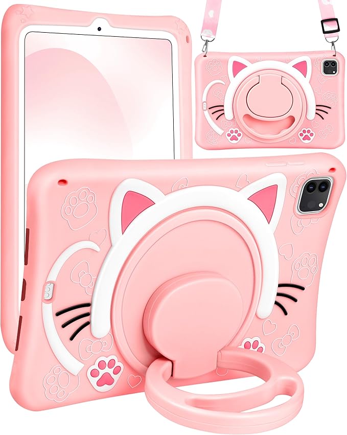 Wazzasoft for iPad Air 5th/4th Generation 10.9"/Pro 11 Inch Case - Cute Cat Soft Silicone Girls Teens Women Cartoon Kitten Tablet Cover with Rotating Handle Stand & Strap Funda para Air 5th/4th Gen