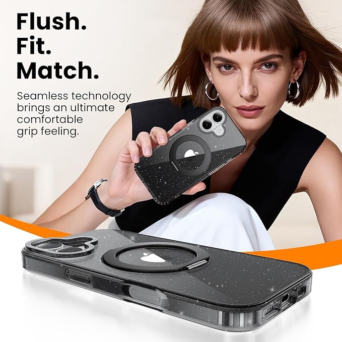 360° Ring Stand for iPhone 17 Case, Compatible with MagSafe, Military-Grade Protective,Anti-Yellowing, Scratch-Resistant Back Cover Phone Case for iPhone 17 6.3", Clear Black Glitter Stand