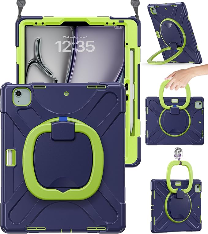 BRAECN Case for iPad Air 13” M4 2026/M3 2025/M2 2024 & iPad Pro 12.9 6th/5th/4th/3rd Gen: Military Grade Silicone Cover with Pencil Holder, Kickstand, Swivel Handle Grip, Shoulder Strap, Navy Green
