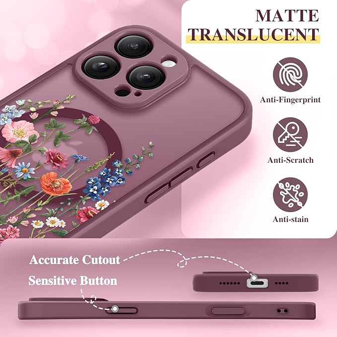 GVIEWIN for iPhone 16 Pro Case Compatible with MagSafe, [Military Grade Protection] [Screen Protector] Full Camera Protection Floral Translucent Women Magnetic Phone Case, Wild Petals/Red