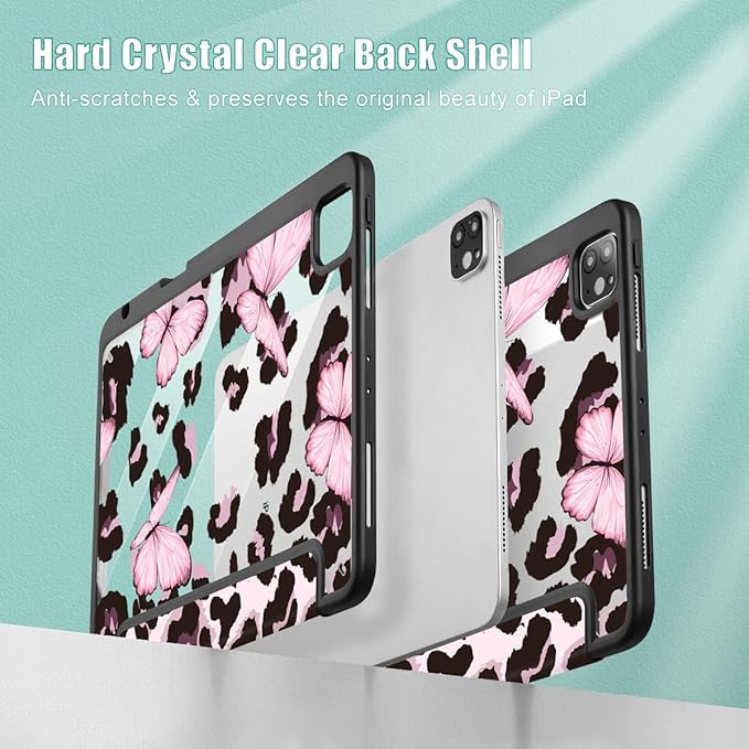 Mektron Case for iPad Pro 11 inch (4th, 3rd, 2nd & 1st Gen) 2022 2021 2020 2018, Buit in Pencil Holder with Shockproof Cover Clear Shell + Auto Wake/Sleep, Leopard Pink Butterfly