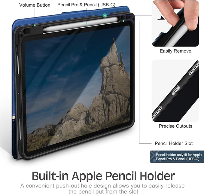 KingBlanc Case for iPad Pro 11 inch (M5 2025/M4 2024) with Pencil Holder, Vegan Leather Smart Stand Cover, Auto Sleep Wake, Support Pencil Pro/(USB-C), Viewing/Typing Angle, Durable Protection, Blue