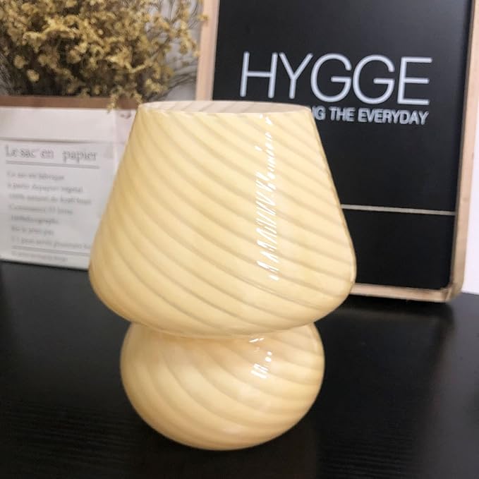 BSOD Glass Mushroom Bedside Table Lamp, Yellow Translucent Murano Vintage Style Striped Small Nightstand Desklamp Swirl Light for Home Decor, Dining, Living, Bedroom, Gift (Stripe Yellow)