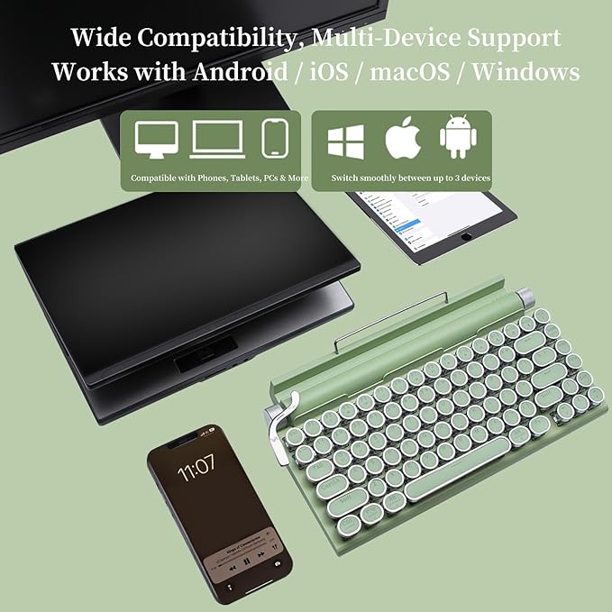 Adventurers Retro Typewriter-Style Mechanical Keyboard, 83 Keys, 75% Compact Layout, Bluetooth 5.0 and Wired, Hot-Swappable Blue Switch, White Backlit for Windows/Mac/iPad/PC/Laptop (Light Green)