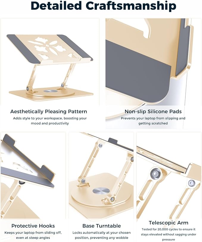Aoviho 360° Rotating Laptop Stand for Desk | Adjustable, Foldable, Portable Aluminum Ergonomic Riser | Compatible with MacBook, Dell, HP & All Laptops 10-16 inch | Gold