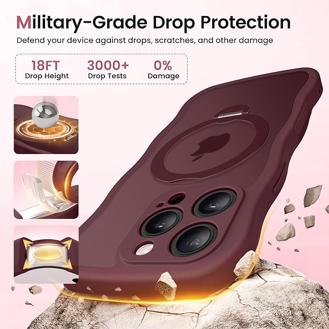 CAPRARO for iPhone 16 Pro Max Case with 360° Spin Magnetic Stand for Women, [Compatible with MagSafe] [Full Camera Protection] Cute Wave Translucent Matte Case for iPhone 16 Pro Max, Wine Red