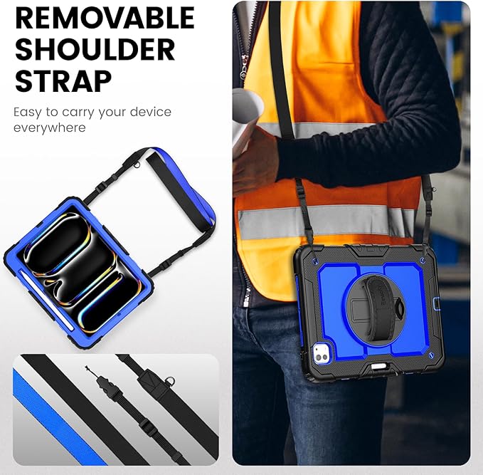 timecity Case for iPad Pro 11 Inch M5 2025 / M4 2024, 360° Rotating Stand, Pencil Holder & Wireless Charging, Shockproof with Screen Protector & Shoulder Strap -for Designers & Professionals,Dark Blue