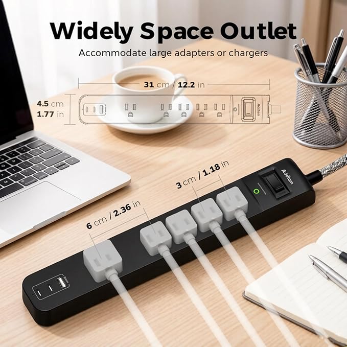 Addtam 2 Pack Power Strip Surge Protector – 5 Wide Spaced Outlets 3 USB (2 USB-C) Charging Ports, 1875W/15A, 15ft Braided Cord, Flat Plug, Overload Surge Protection, Wall Mount for Home, Office & Dorm
