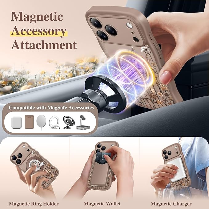 GVIEWIN for iPhone 17 Pro Case Compatible with MagSafe [Curly Wave Edge][Full Camera Protection] Floral Translucent Shockproof Magnetic Women Phone Case for iPhone 17 Pro 6.3'', Floratopia/Brown