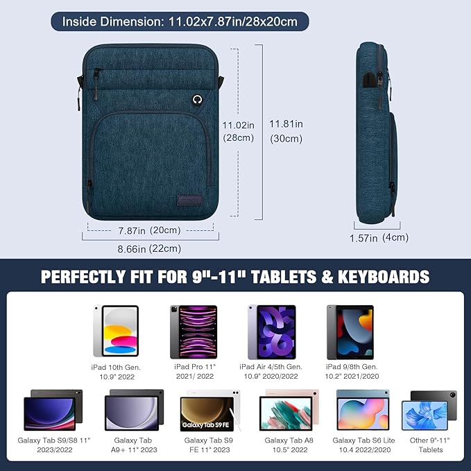 MoKo 9-11 Inch 360° Protective Tablet Sleeve Bag with Earphone Hole & Multi-Pockets, Fits New 11-inch iPad Air M4 2026 & iPadPro 11 M5,iPad A16,iPad10/5/4. 10.9,iPad9/8. 10.2,Tab S8/S9 11, Indigo