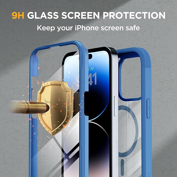 Miracase Magnetic for iPhone 14 Pro Max Case 6.7 inch, (Compatible with MagSafe) Upgrade Full-Body Clear Phone Bumper Case with Built-in 9H Tempered Glass Screen Protector, Magnetic Capri Blue