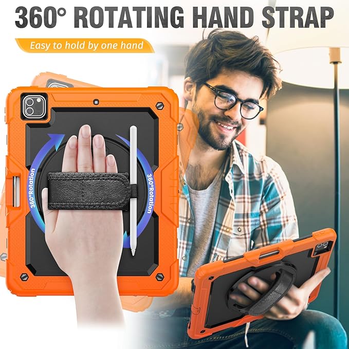 HXCASEAC Case for iPad Pro 12.9 Case (6th 5th 4th 3rd Generation), Shockproof Design | Pencil Holder | Hand Strap | Screen Protector | Heavy Duty Protective iPad 12.9 inch 2022/2021/2020/2018, Orange
