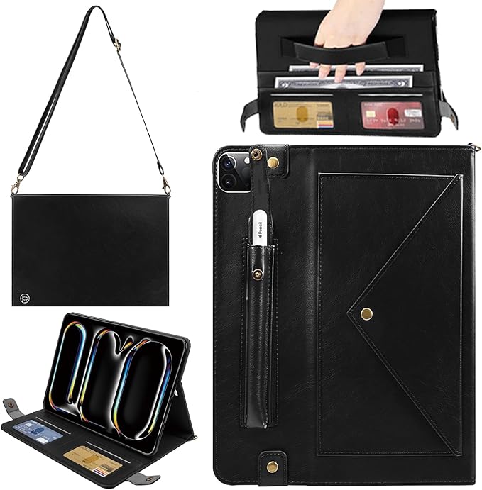 Handbag Case for iPad Pro 13-inch M5 2025/M4 2024, Techcircle Folio Stand PU Leather Crossbody Wallet Case with Pencil Holder, Hand Strap & Shoulder Strap, Black