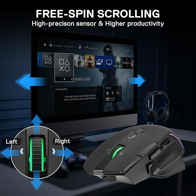 Redragon M925 PRO Wireless Gaming Mouse, 26,000 Max DPI Optical RGB Mice with 10 Programmable Buttons, Hyper-Fast Scroll, Software Supports DIY Keybinds & DPI, Black