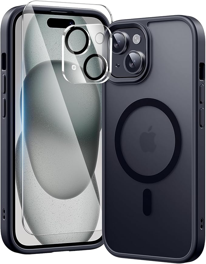 toushion 3 in 1 for iPhone 15 Case with MagSafe, Screen Protector*1 Camera Lens Protector*1,Matte Skin Feeling Back Cover Military-Grade Protection for iPhone 15 Phone Case 6.1 inch Matte Black