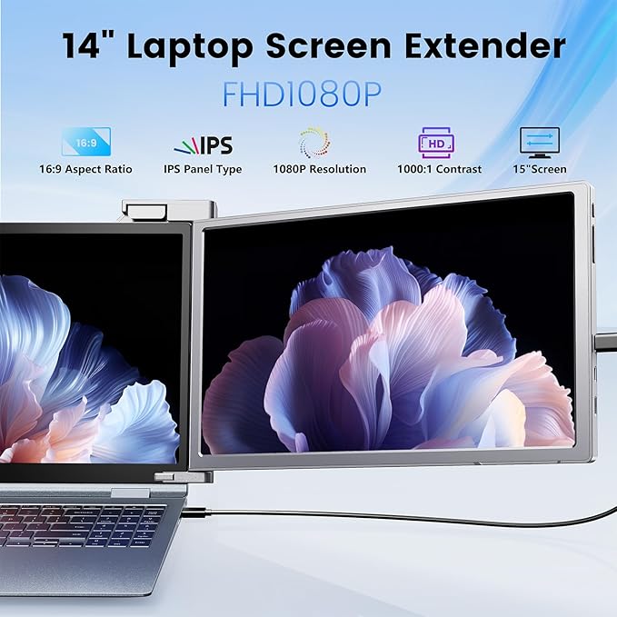 14” 1080P FHD Laptop Screen Extender, Portable Monitor for Laptop, Compatible 14"-17" with USB-C/HDMI Port, Plug and Play for Mac/Windows/Android, Ideal for Multiple Tasks