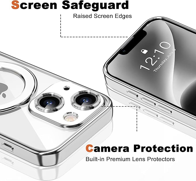 Compatible with iPhone 14 Plus Case with Invisible Magnetic Ring Stand [Compatible with Mag-Safe] [Full Camera Lens Protector] Plating Clear Phone Case for iPhone 14 Plus 6.7", Silver