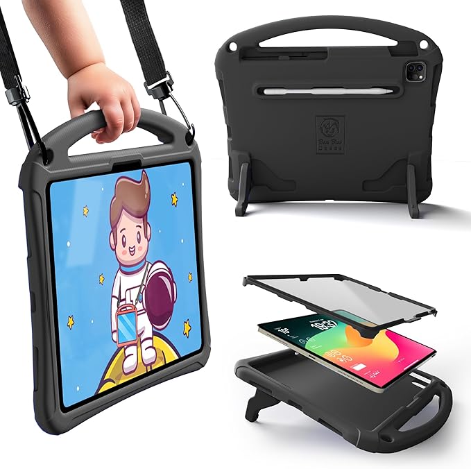 Bam Bino Space Suit, iPad Air 11 Inch Case Kids(M2/M3/M4), iPad Pro 11-inch(M4/M5), iPad A16(11thGen), iPad 10thGeneration, Built-in Screen Protector, Handle, Kick Stand, Shoulder Strap (Cosmic Black)
