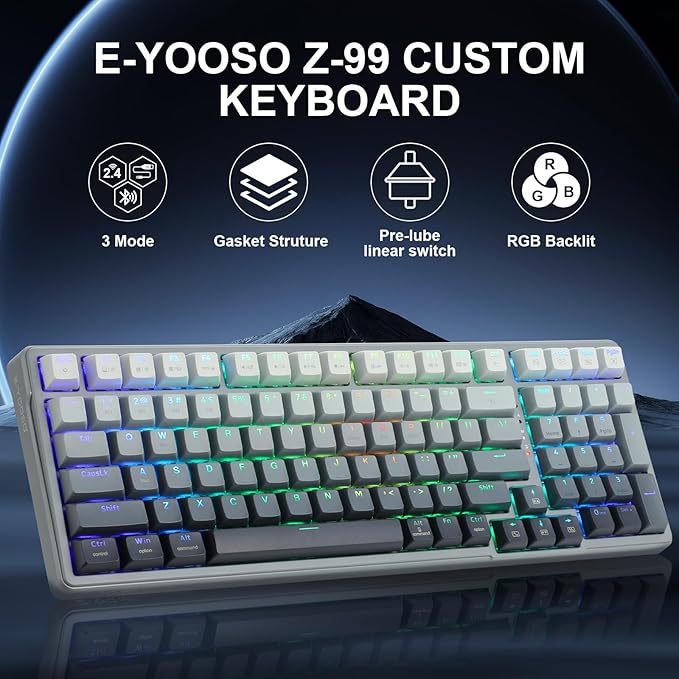E-YOOSO Wireless Bluetooth Mechanical Keyboard, 99 Keys Wired Gaming Keyboard RGB Backlit, Hot Swappable Pre-lubed Linear Switches, Gasket Soundproof Foam, Office Work Keyboard, Gradient Gray