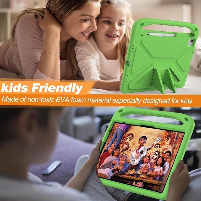 Cute Kids Case for iPad Air 13" M4 M3 M2 2026 2025 2024/ Pro 13 Inch M5 M4 Cover 2025 2024, iPad Pro 12.9 Case 2022/2021/2020/20218, Soft EVA Handle Cover with Shoulder Strap Stand, Green