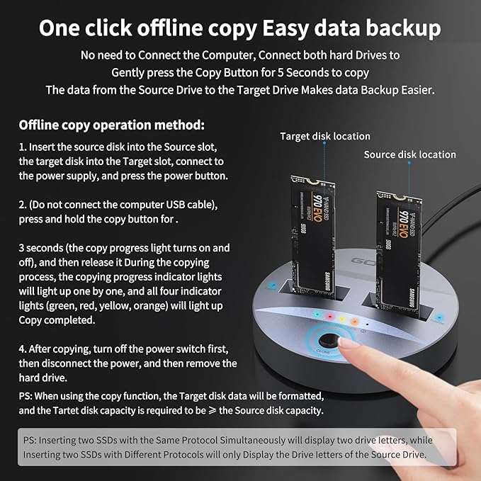GODO NVMe/SATA M.2 Duplicator Dual-Bay Offline Clone USB C to NVME/SATA Docking Station for M2 SSD M Key and B+M Key Hard Drives Enclosure, Tool Free Aluminum10 Gbps USB3.1 Gen2 Type-C Adaptor
