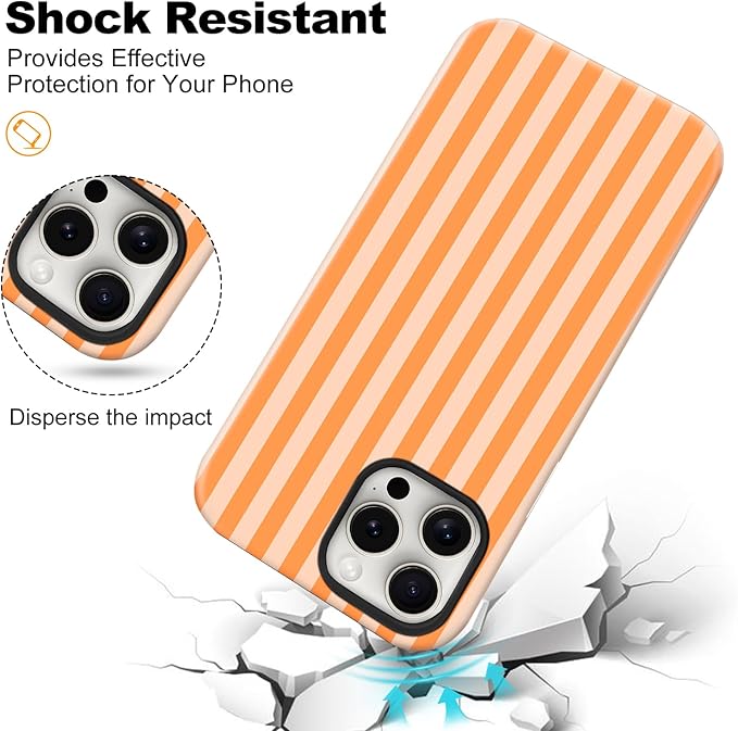 Magnetic for iPhone 15 Pro Case Cute Stripes Phone Case, Shockproof Slim TPU and Hard PC Protective Phone Cover Compatible with MagSafe Designed for Women Girls, Orange