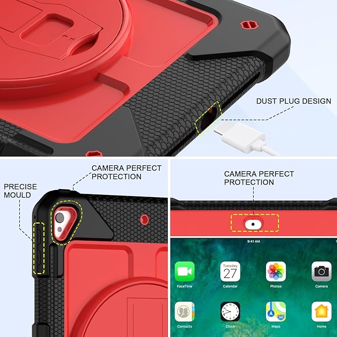 BMOUO Case for iPad 6th/5th Generation Case (9.7 inch, 2018/2017), 360°Rotating Stand, Hand/Shoulder Strap Shockproof iPad 9.7” Case for iPad Air 2, Black and Red