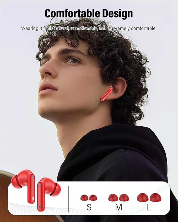 Wireless Earbuds, Bluetooth 5.4 Headphones Bass Stereo, Ear Buds with Noise Cancelling Mic, LED Display in Ear Earphones Clear Calls, IP7 Waterproof Bluetooth Earbuds for Laptop/Phones/Sports, Red