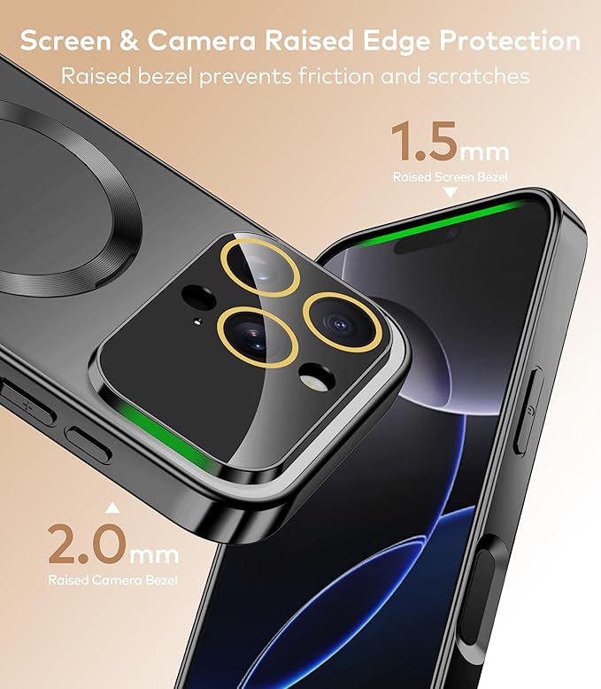 TOBOVON Magnetic for iPhone 16 Pro Case with Ring Stand, Fits MagSafe, with Built-in Camera Lens Protector, Slim Electroplated Shockproof Phone Cover, Black